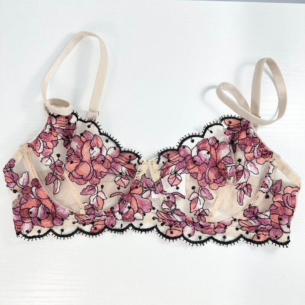 Sheer Mesh Floral Embroidered Bra S Pink Roses Lace Soft‎ Girl Quietly Gothic